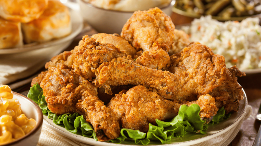 Platter of fried chicken on greens.