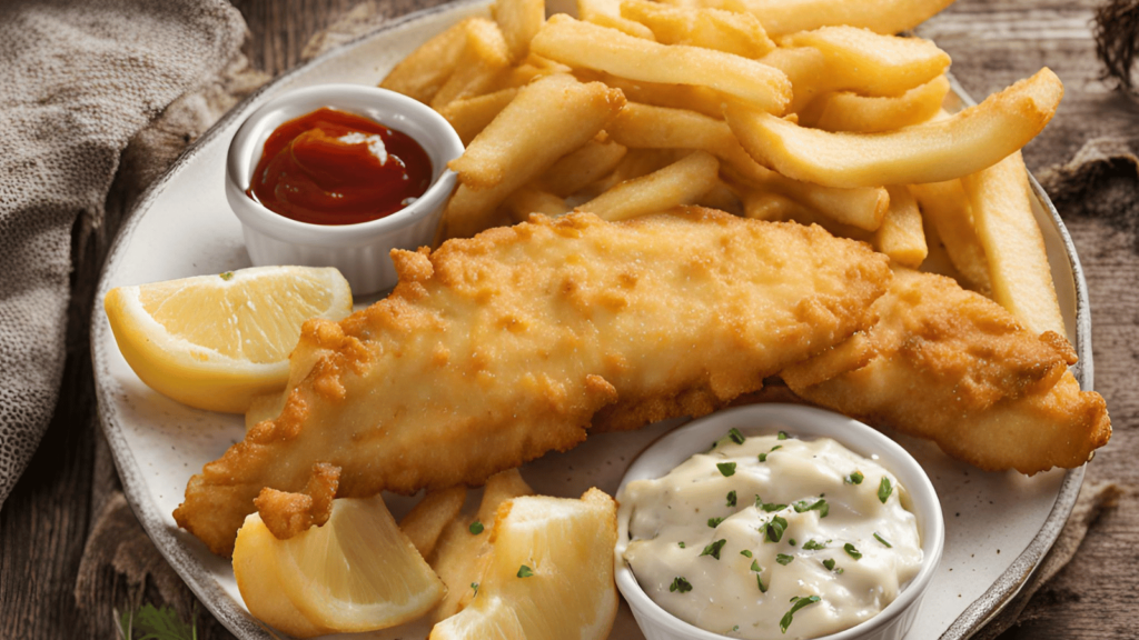 Plate of fried fish and French fries. Wedges of lemon and ramekins of ketchup and tarter sauce surround the food. 