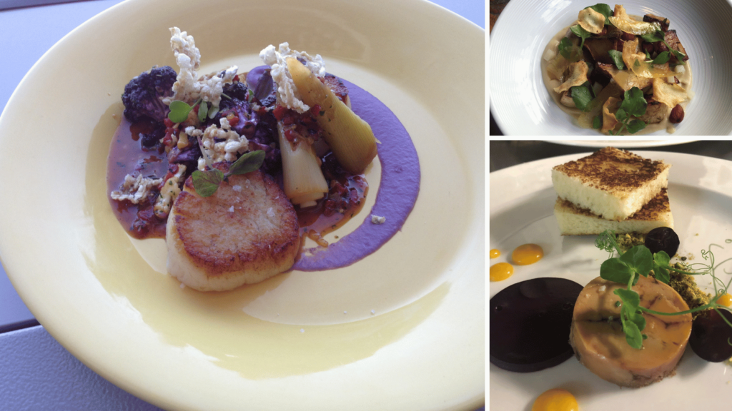Three panel photo shows a plate of sunchokes, a plate of foie torchon, and a plate of chicherrons with scallops.