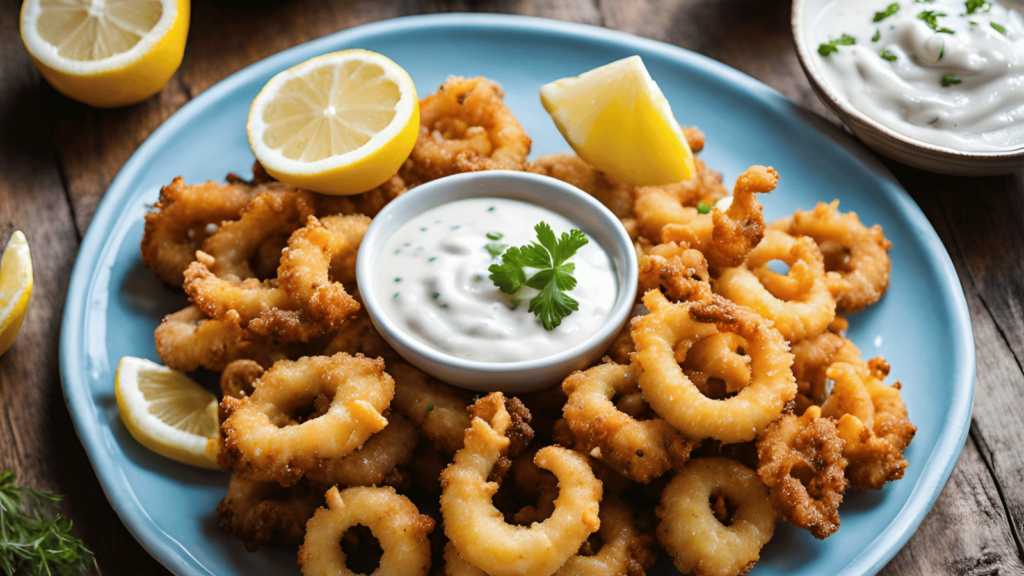 Blue plate holds fried calamari with tartar sauce in the middle and slices of lemon