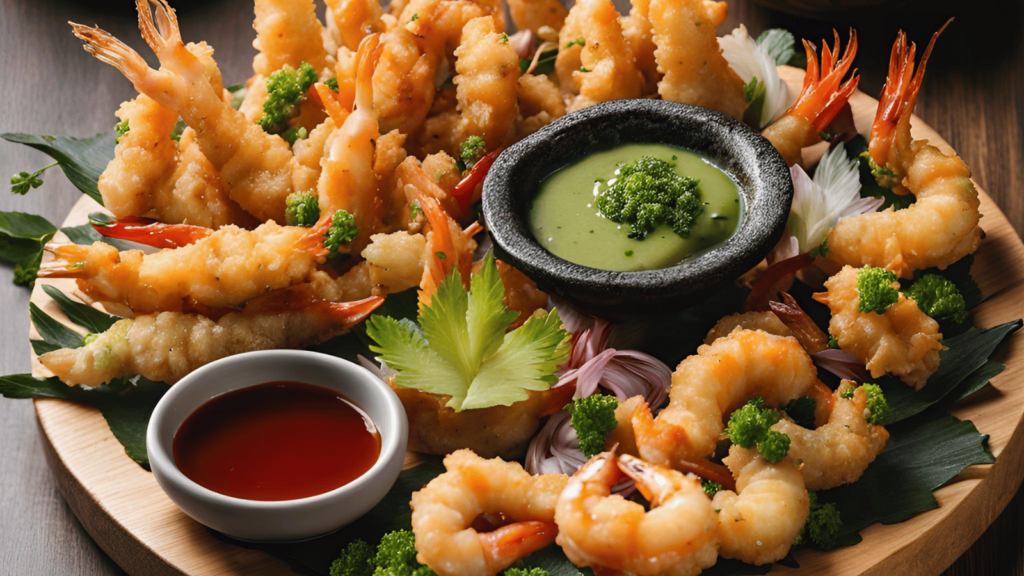 Fried tempura on a plate with dipping sauces 