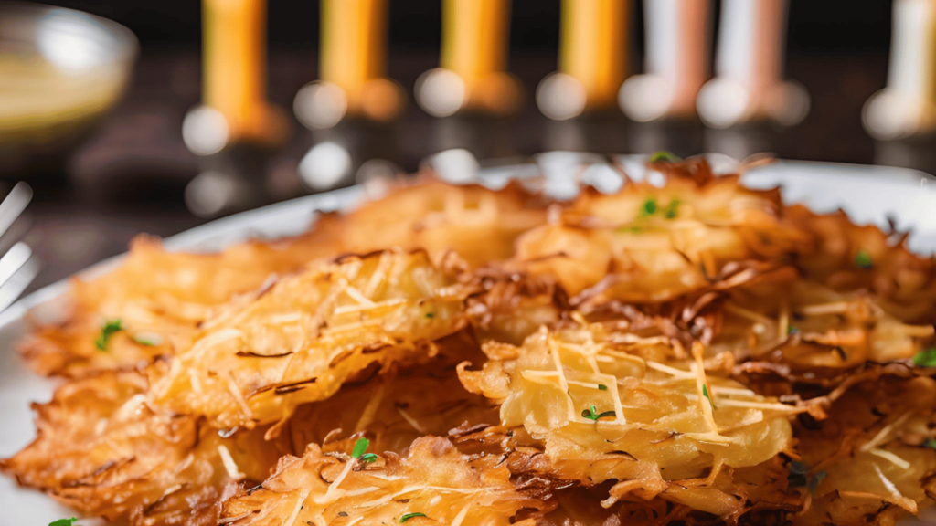Close up of potato latkes with candles in the background