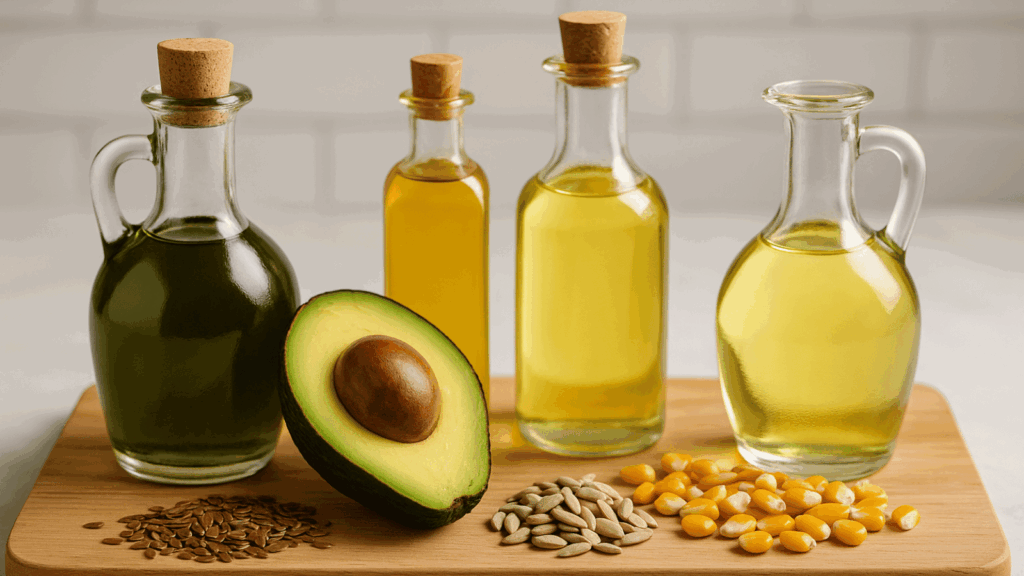 Four bottles in different shapes filled with oils on a wood cutting board. In front of bottles are seeds and a half of avocado.