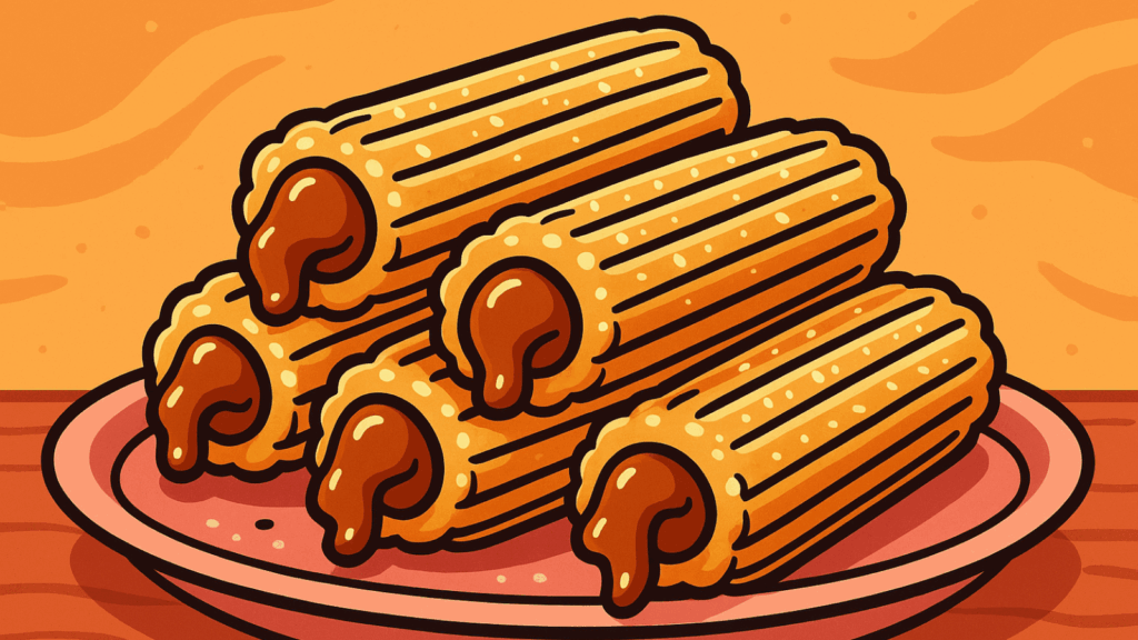 Cartoon image of five dulce de leche stuffed churros stacked on a plate