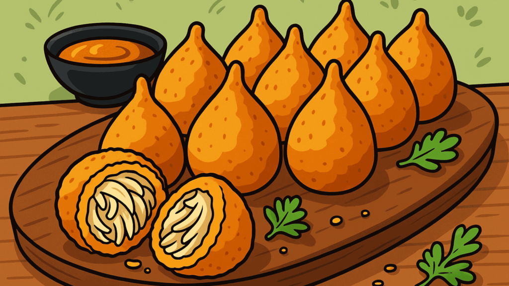 Cartoon image of fried coxinha on a wood platter