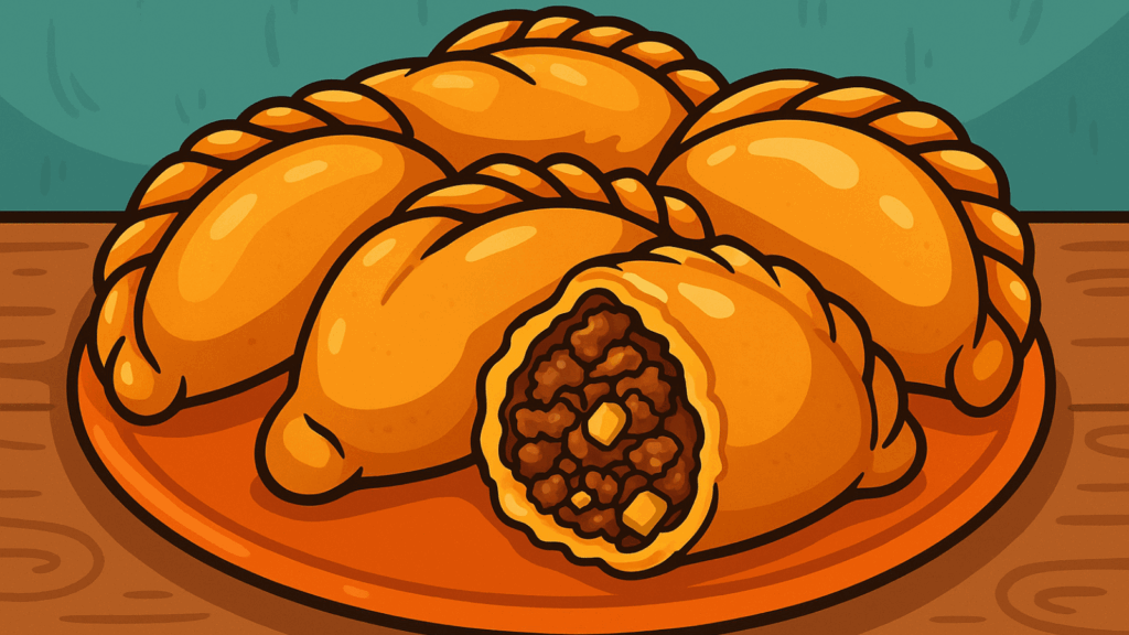 Cartoon image of five empanadas on a plate. One empanada is cut in half and shows the meat inside. 