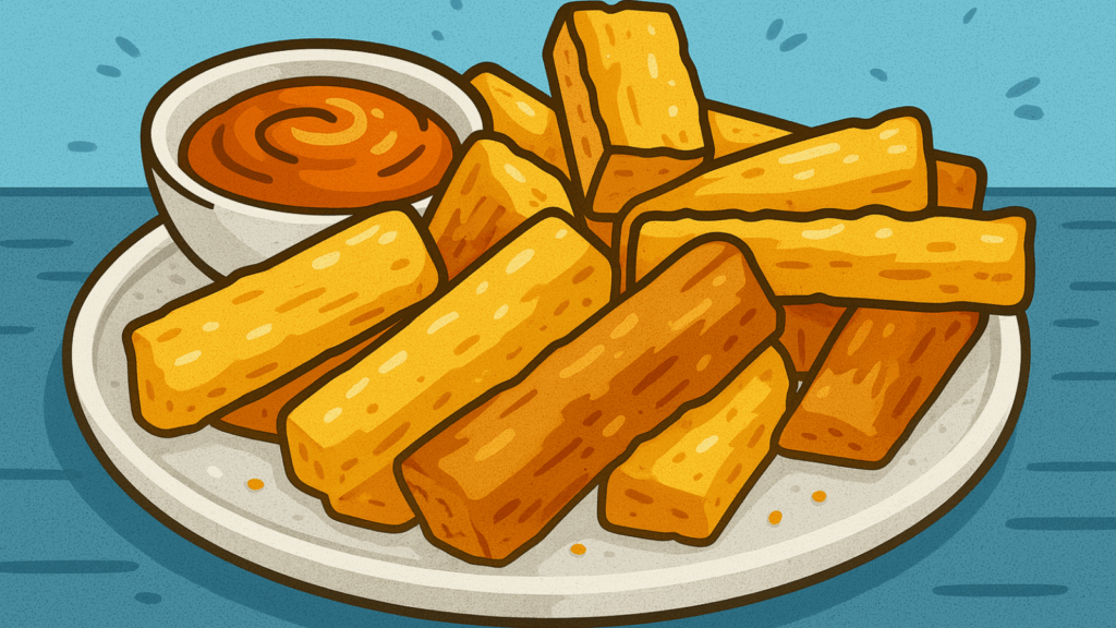 Cartoon image of plate of fried yucca with red dipping sauce