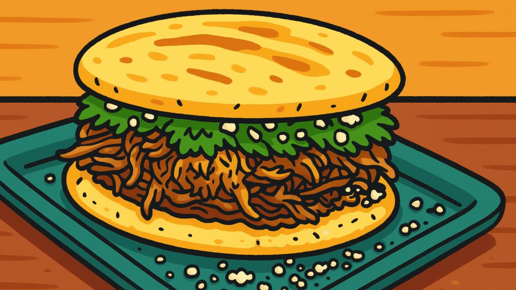 Cartoon image of meat stuffed arepas on a green plate