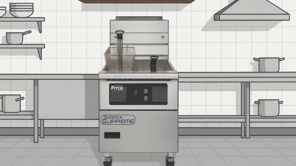 Cartoon image of back-of-house in commercial kitchen of a Solstice fryer.