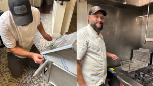 Side by side images of a chef working on a piece of equipment on a tile floor and the chef standing against an installed fryer holding a fry basket with a blue handle.