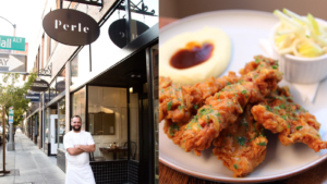 Side by side images of a chef as he stands on sidewalk outside of restaurant with a sign that reads Perle. Closeup of fried chicken on a white plate with mashed potatoes and gravy and a citrus salad.